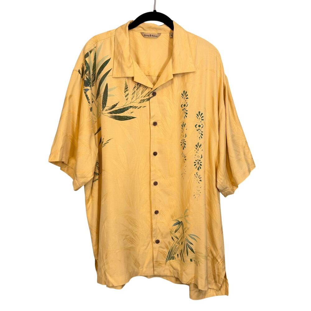 Tommy Bahama Button Up Shirt Men XL Light Yellow Silk Bamboo Leaf Print Hawaiian